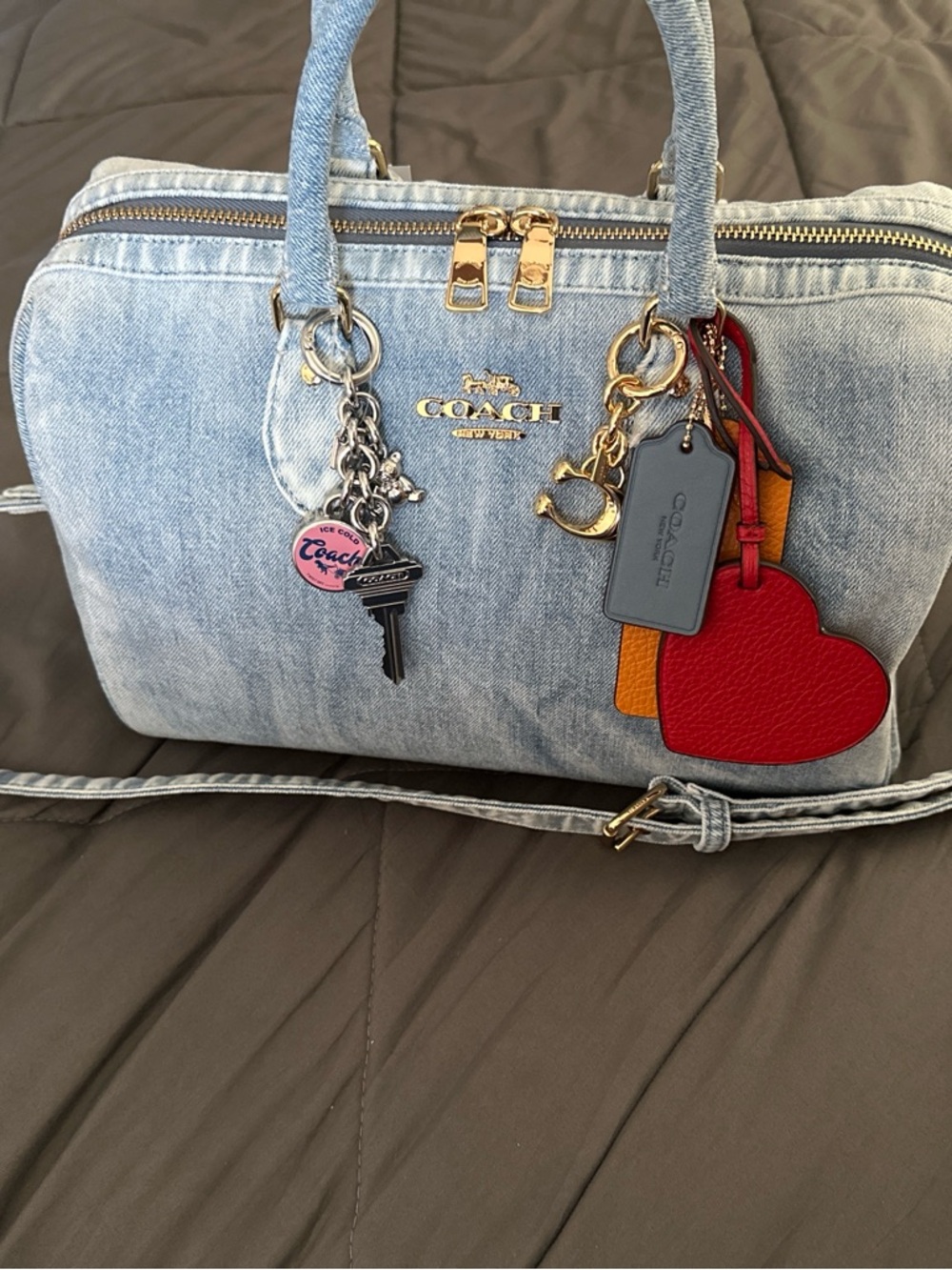Coach Outlet Rowan Large Satchel Bag In Loved Denim With Charms - Picture 4 of 5